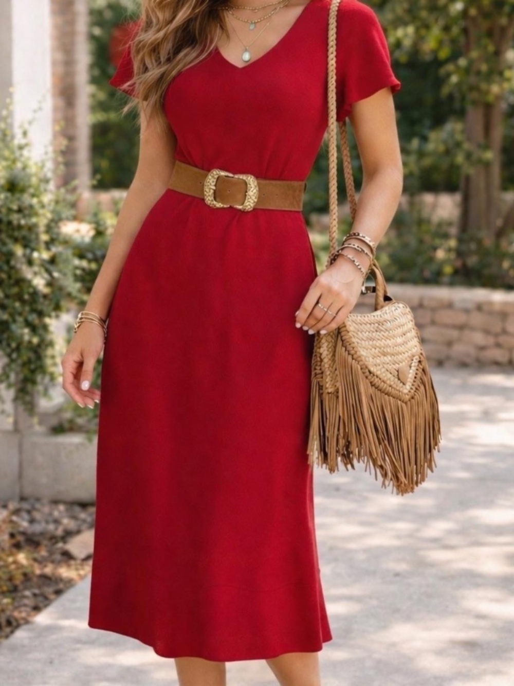 Crimson V-Neck Midi Dress with Flutter Sleeves